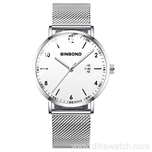 Binbond New Arrival Quartz Watch For Men with Mesh Stainless Steel Calendar Black Wrist Watch Fashion Casual Military Watches